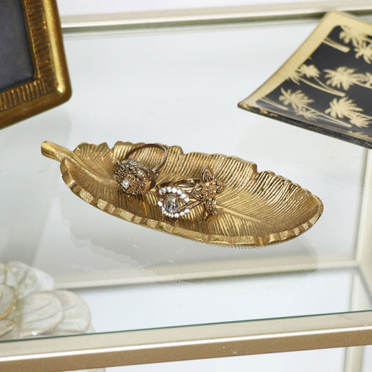Gold Metal Feather Trinket Dish – Decorative Jewelry Holder