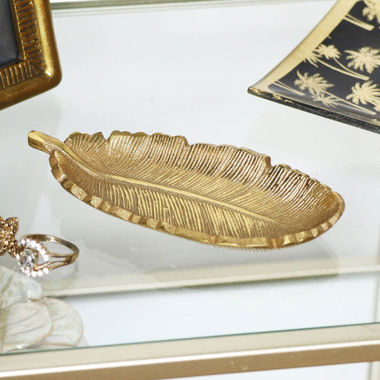 Gold Metal Feather Trinket Dish – Decorative Jewelry Holder